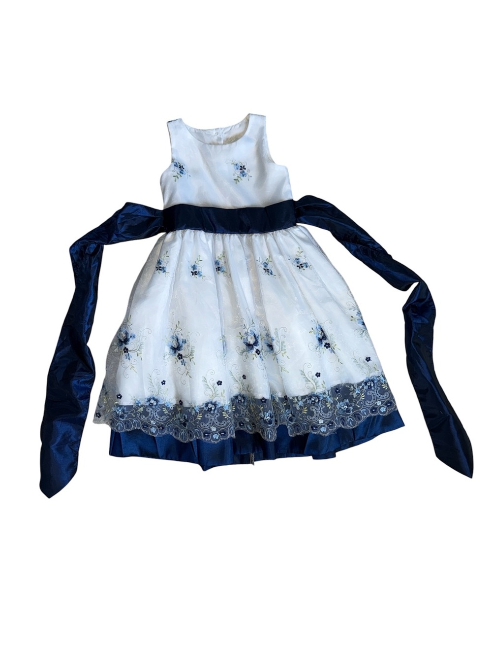 Girls White Dress with Navy Floral Embroidery and Sash